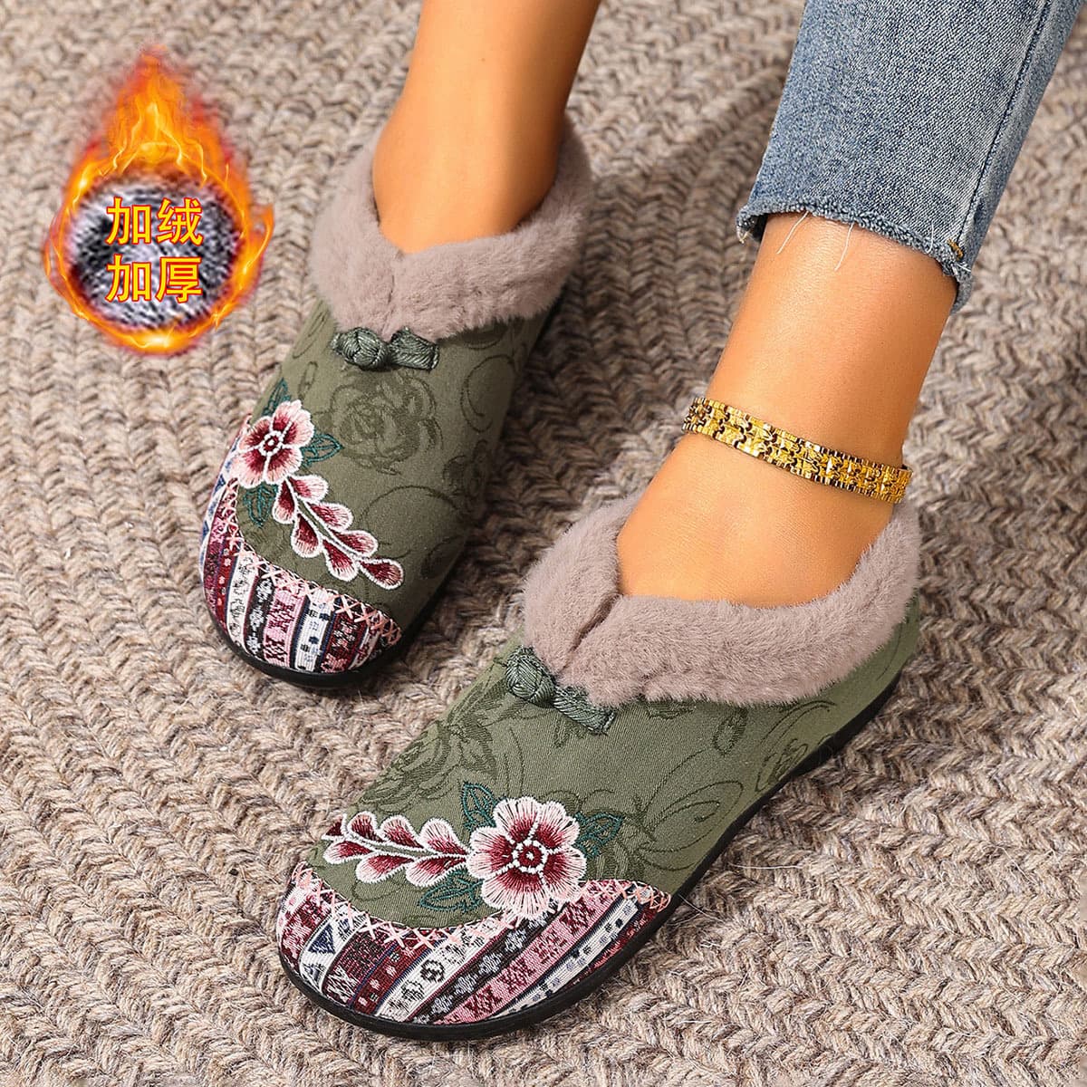 Old Beijing Cotton Shoes Embroidered Floral Comfortable Warm National Style Soft Bottom Mothers Cotton Shoes Round Toe Flats