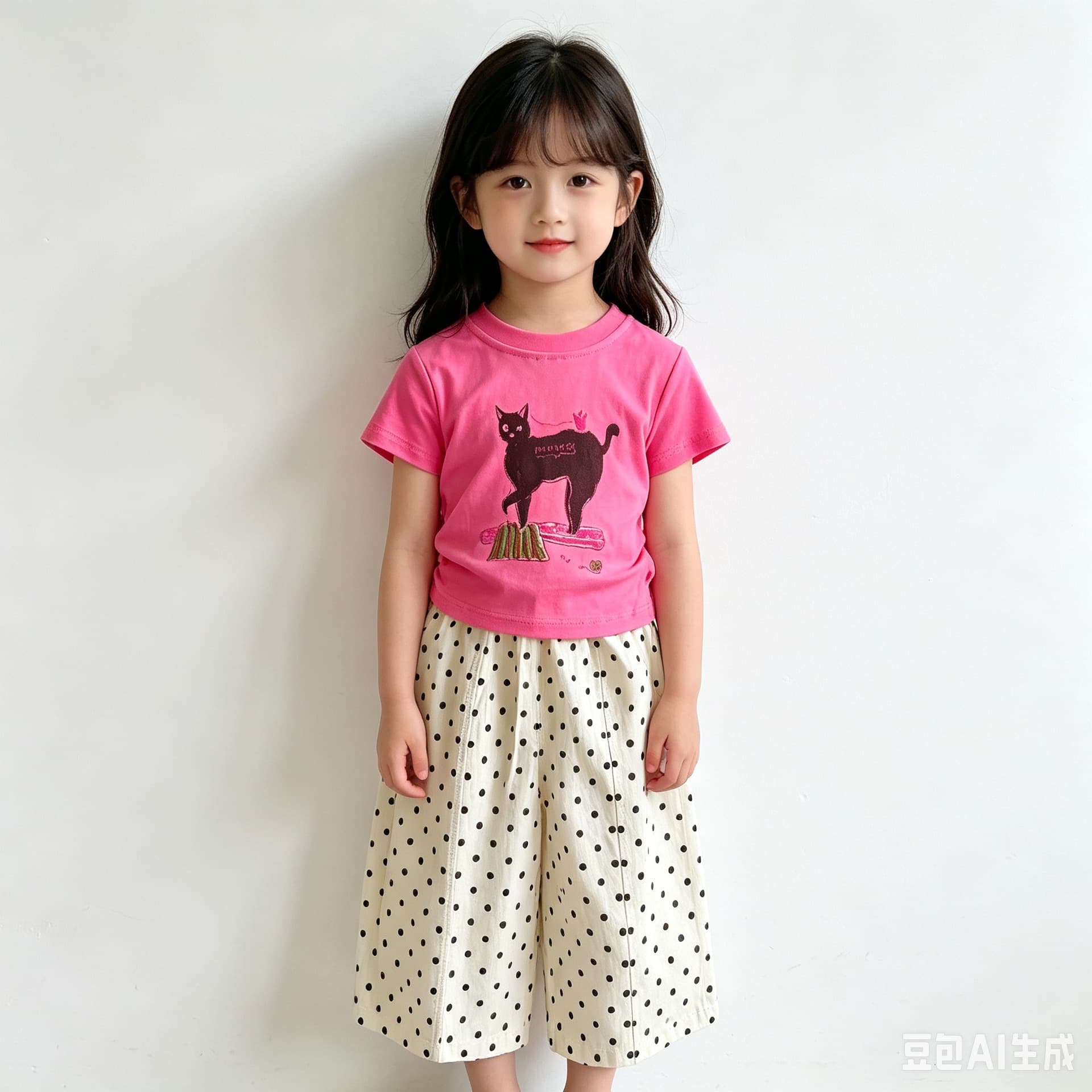 Summer children's summer suit new Korean style girl's cute kitten short-sleeved shirt polka dot scimitar pants two-piece set