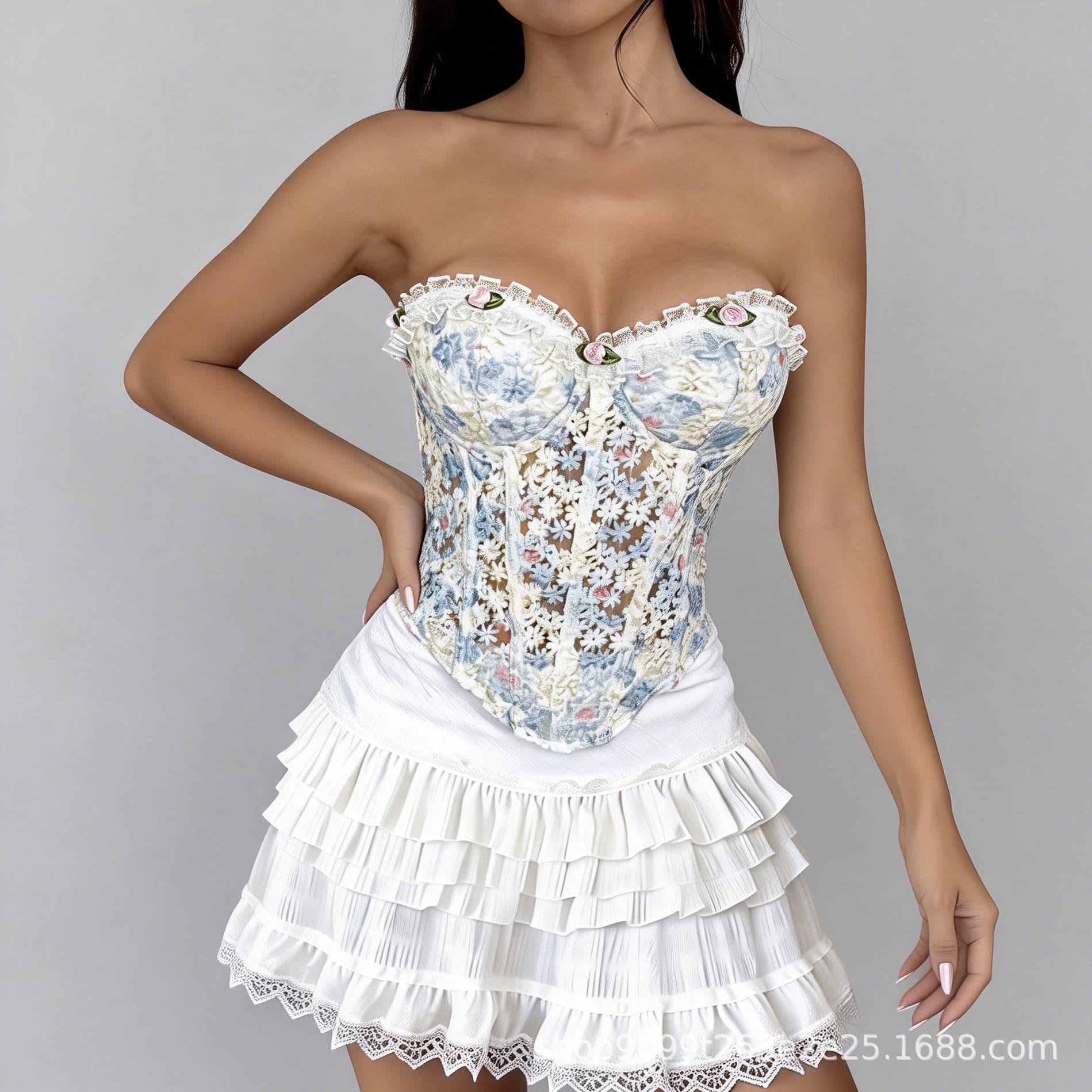 European and American Style Floral Embroidered Lace Fishbone Corset Top Slim Fit Waist-Cinching Sheer Hot Girl Camisole Women's Clothing