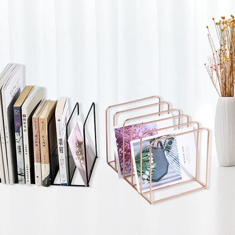 Wire 5-compartment extracurricular book organizer, study and stationery store desktop bookstand display rack in black, white, and gold