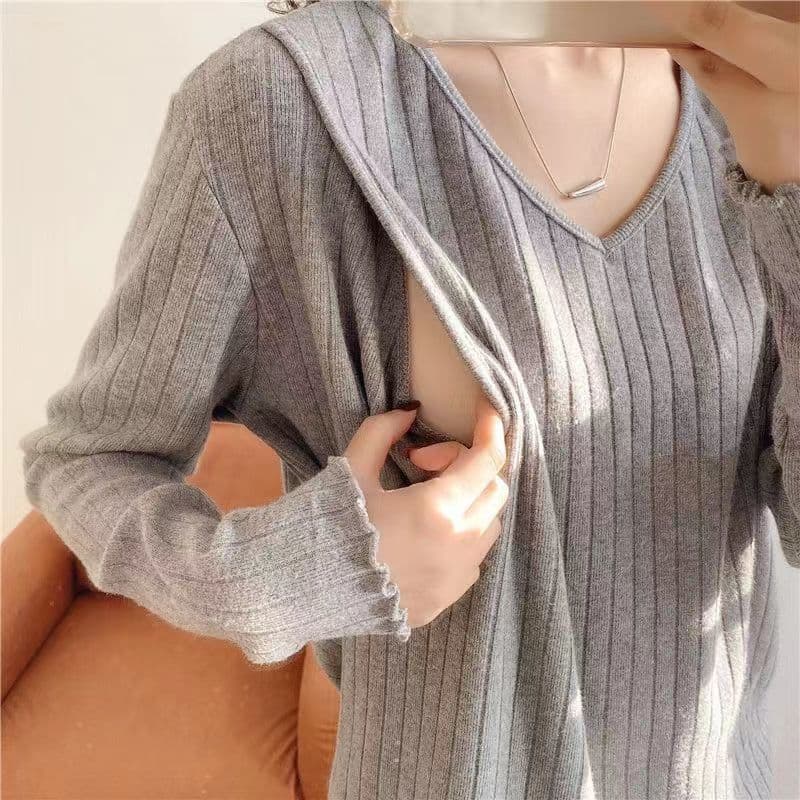 Winter Nursing Tops, Cotton-Like, Fashionable Hot Mom Style Outerwear, Spring Base Layer Shirts, Breastfeeding Clothes, V-Neck Trendy Moms
