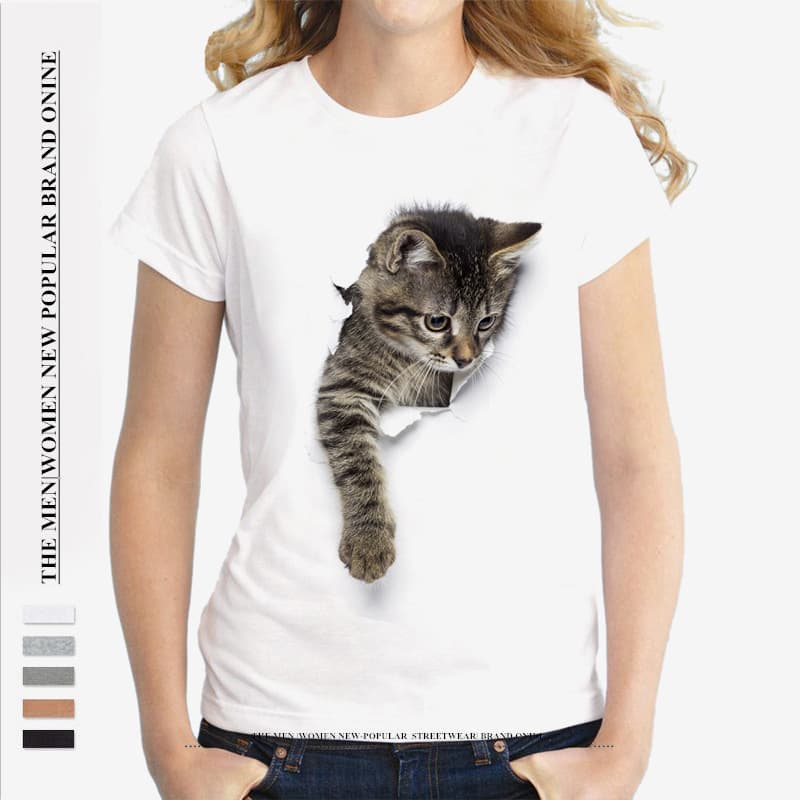 Cat Print T-Shirt Wish Worn out Clothes Loose Women's Short Sleeve round Neck Cotton Blend Polyester Modal Animal Pattern