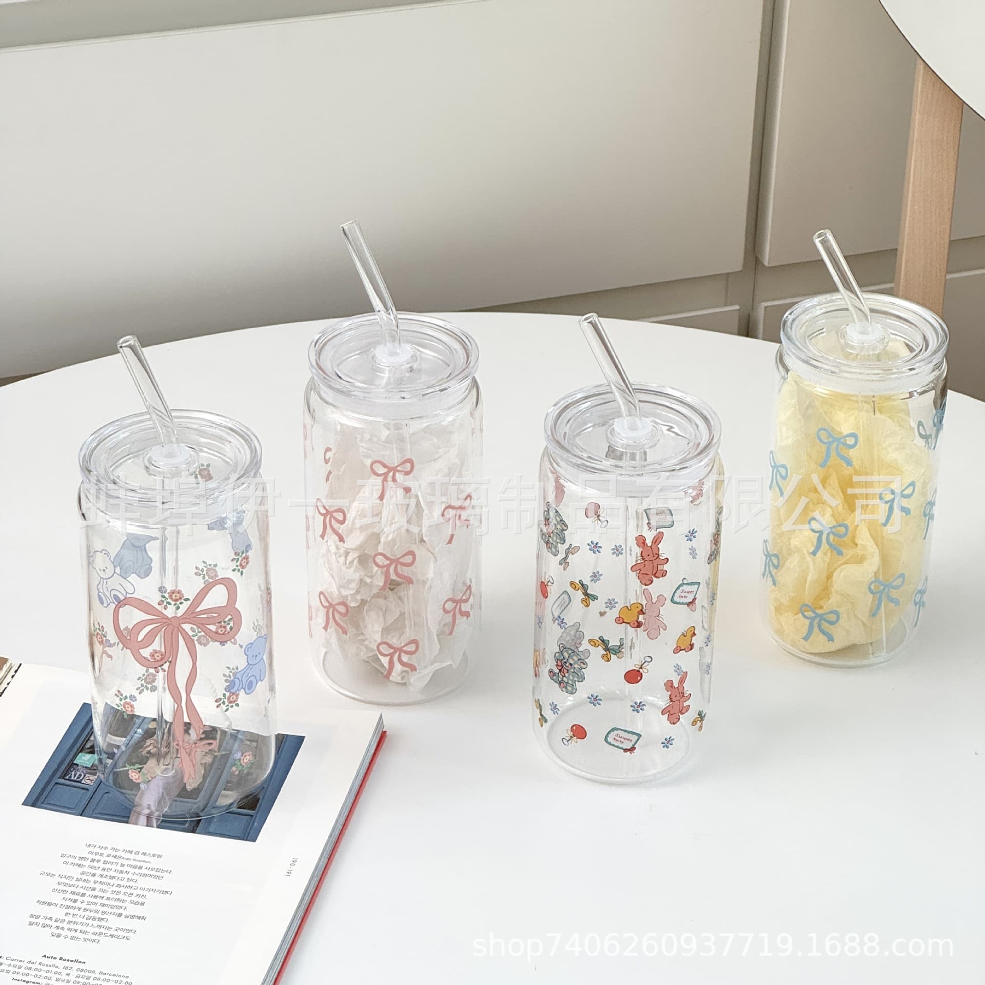 ins style simple high borosilicate heat resistant belt lid bow glass coke can large capacity straw juice milk tea cup