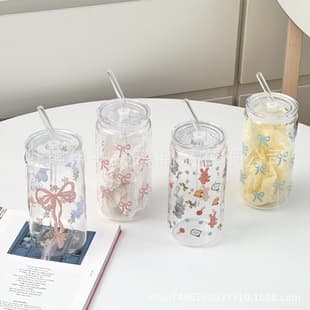 Ins-style simple borosilicate heat-resistant glass cola can with lid, bow design, large capacity straw juice milk tea cup