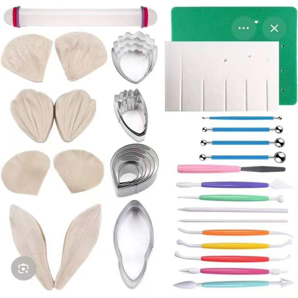 Peony, Daisy, Rose, Lily Fondant Mold English Silicone Mold Flower Stem Board Carving Pen Shaping Tool Set