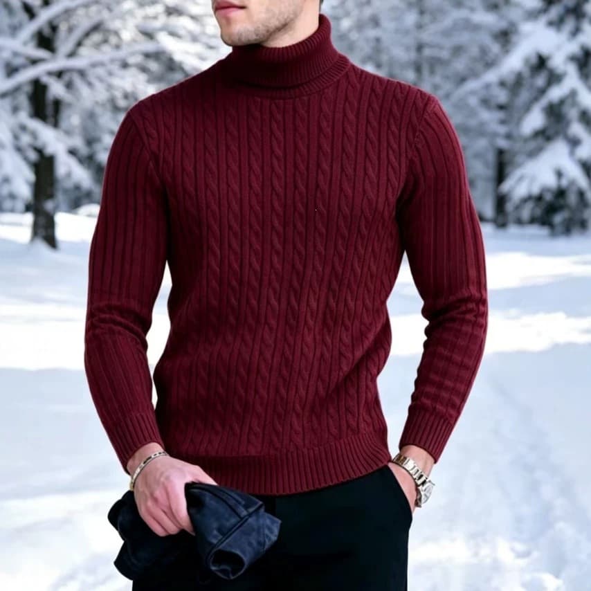 Men's Knit Sweater Stretchy Base Layer European and American Fall Winter High Neck Fashion Cable Knit Sweater Men Big Size In Stock