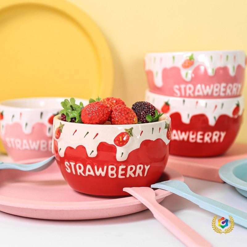 Cute Strawberry Ceramic Bowl Salad Bowl Personality Girl Single Home Student Children Beautiful Rice Bowl Tableware