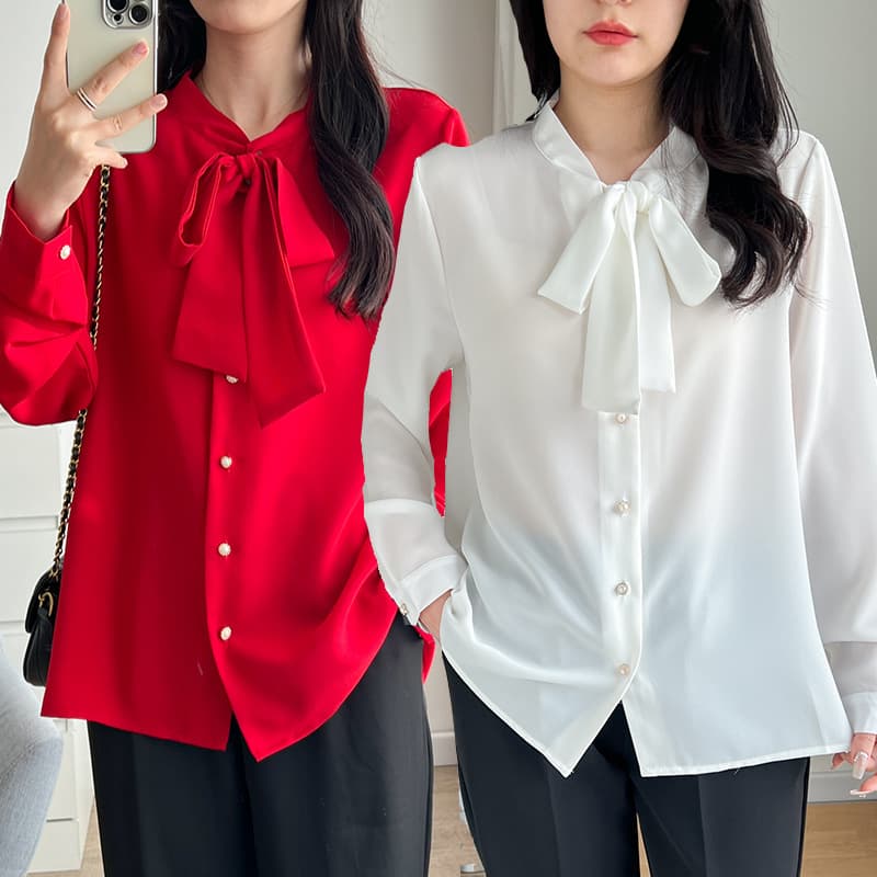 OL Elegance Small Fragrance Style Bow Tie Long-Sleeve Blouse, 2024 Spring Style Korean Version Women's Clothing Chiffon Plus Size A08 New Style