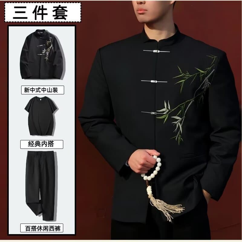 New Chinese style men's suit jacket, traditional Chinese style, suitable for young people's engagement dress, DK stand-up collar Zhongshan suit, Republic of China style Tang suit set