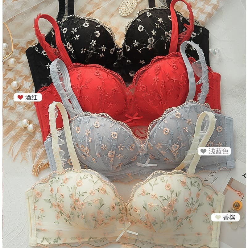 Lace French Bra for Small Bust Push-Up Wire-Free Anti-Sag Red Seamless Sexy Zodiac Underwear for Women