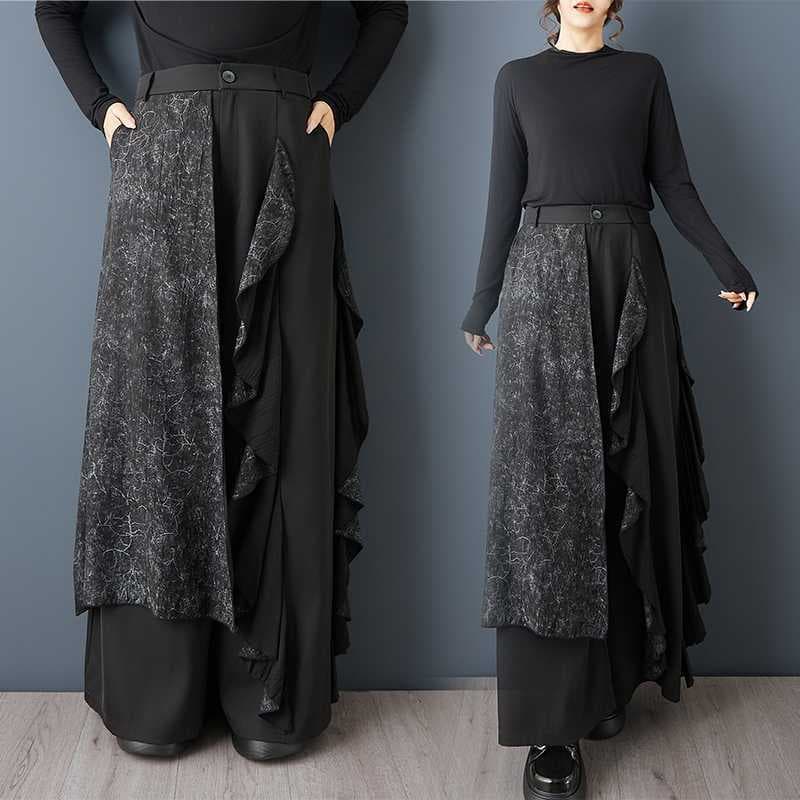 Actual shot of the new spring and summer dark style printed spliced double-layer wide-leg pants, fashionable irregular new Chinese style versatile culottes