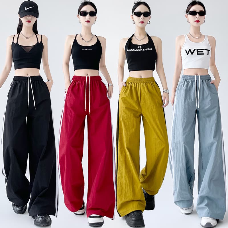 Dopamine Ice Silk Stripe Sport American Workwear Pants Summer Thin Quick-Dry Loose Straight-Leg Casual Wide-Leg Pants