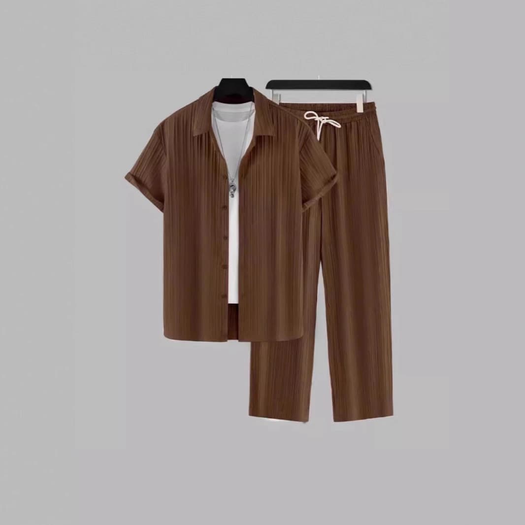 2025 Amazon cross-border men's striped short-sleeved shirt buttoned lapel drawstring trousers suit black