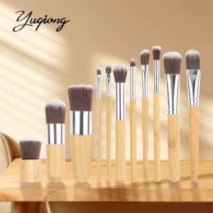 Cross-border 11-piece Bamboo Handle Makeup Brush Set with Linen Storage Bag: Loose Powder Brush, Blush Brush, Foundation Brush, Beauty Tools