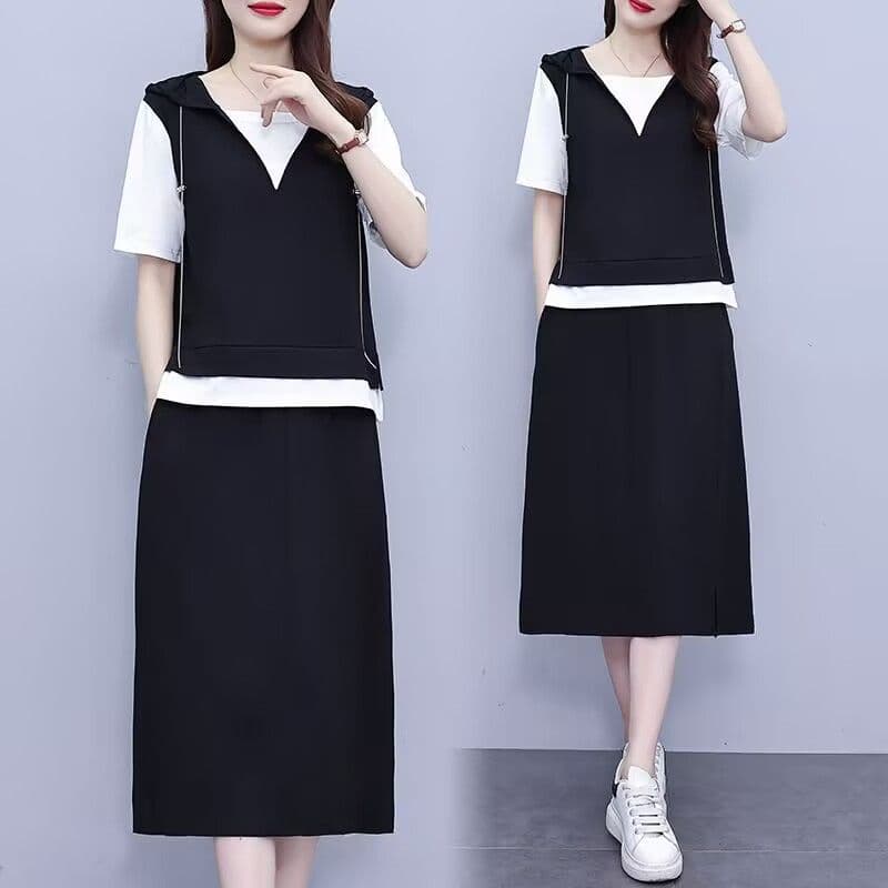 Loose Casual Fashionable Faux Two-Piece Short Sleeve Hooded Top and Skirt Set Women's New Summer Leisure Two-Piece Set