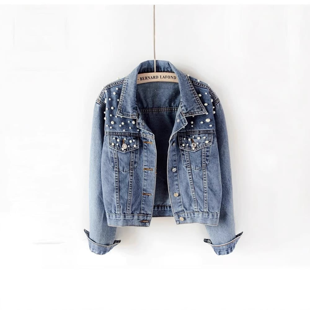 Loose Women's Short Denim Jacket Pearl Embellished Cotton Spring Autumn New Style Cross-Border Fashion Ladies Outerwear