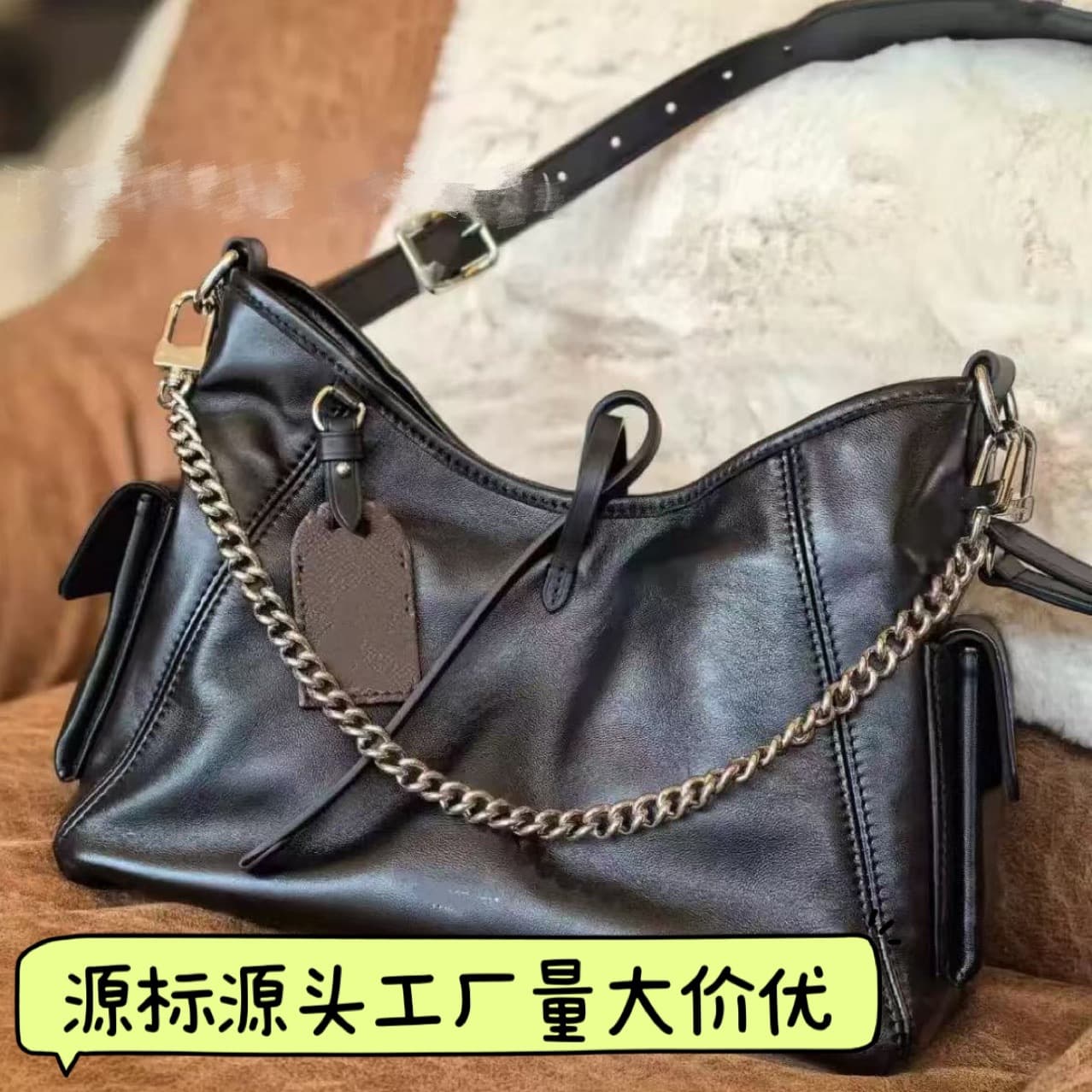 Guangzhou high-quality presbyopic carryall Black Samurai genuine sheepskin tote armpit women's bag chain shoulder cross-body commuting