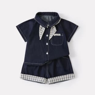 Korean Style Simple Short Sleeve Shirt for Infants and Toddlers, New Summer, Cool Checkered Shorts and Denim Two-Piece Set for Boys