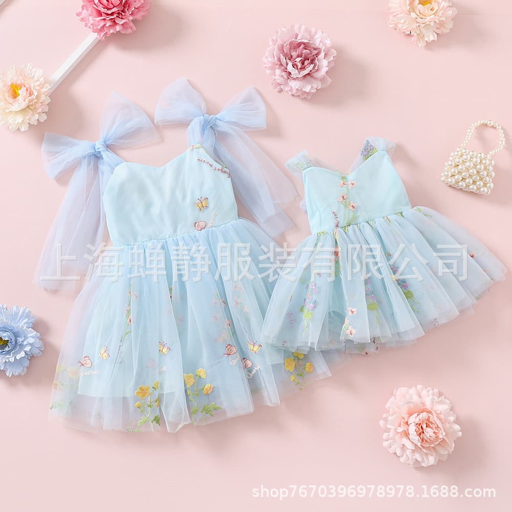 Sisters Girls Dress Baby Romper Summer Sweet Style Embroidered Tulle Dress Twins Matching Outfits