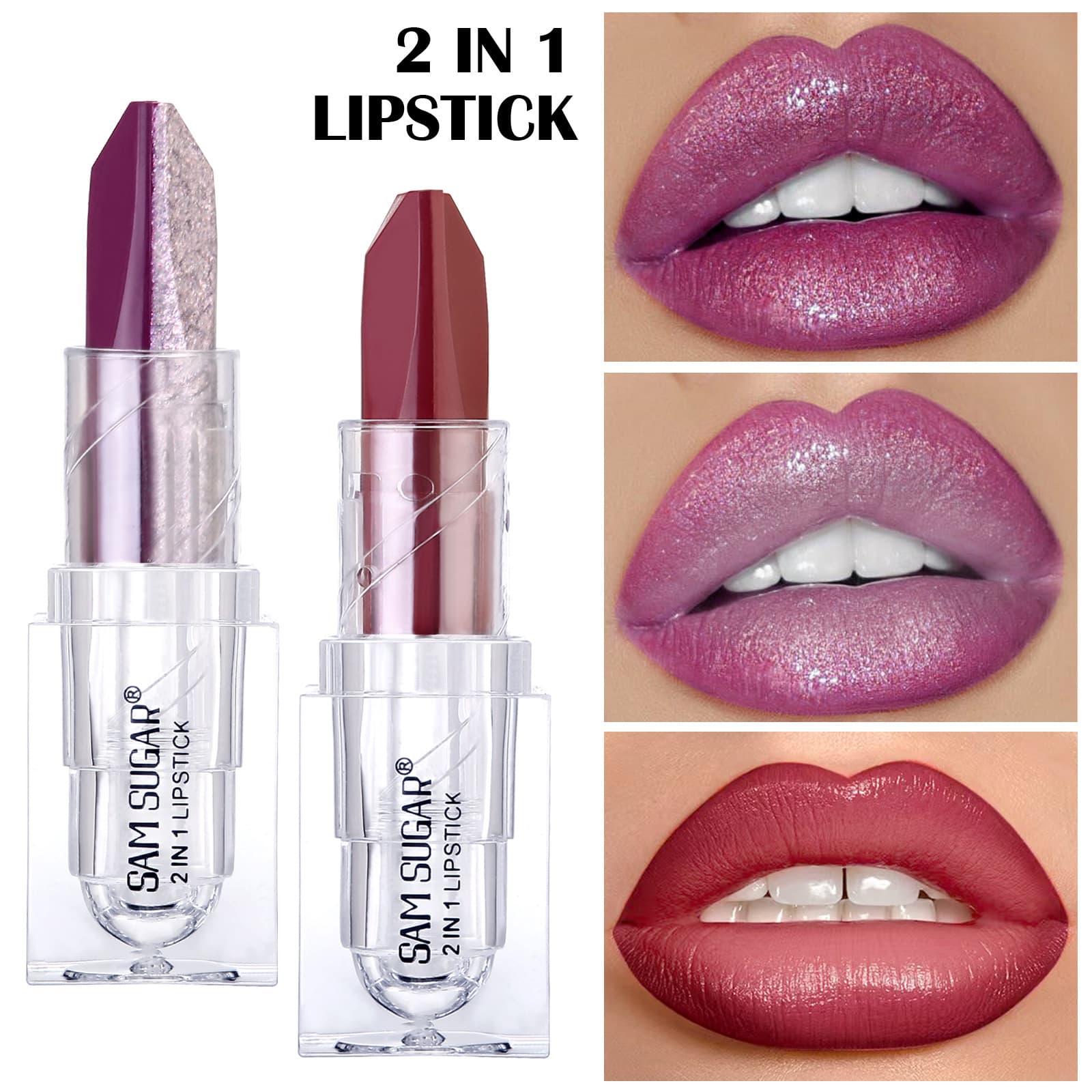 Cross-border SAM SUGAR two-color lipstick, moisturizing, fine shimmer, long-lasting moisturizing, easy-to-color gradient lipstick makeup