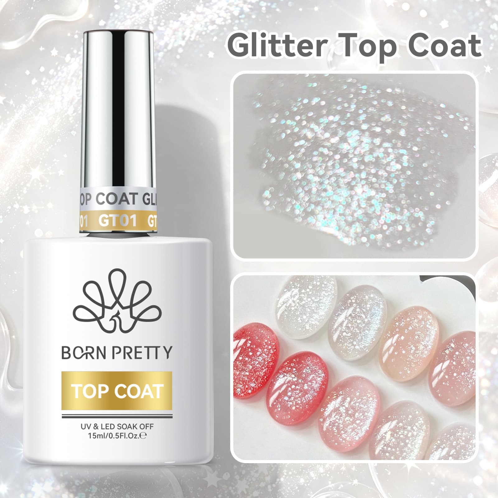 BORN PRETTY New No-Wipe Glitter Top Coat 15ml High-Density Flash Scratch-Resistant Nail Top Coat Nail Polish