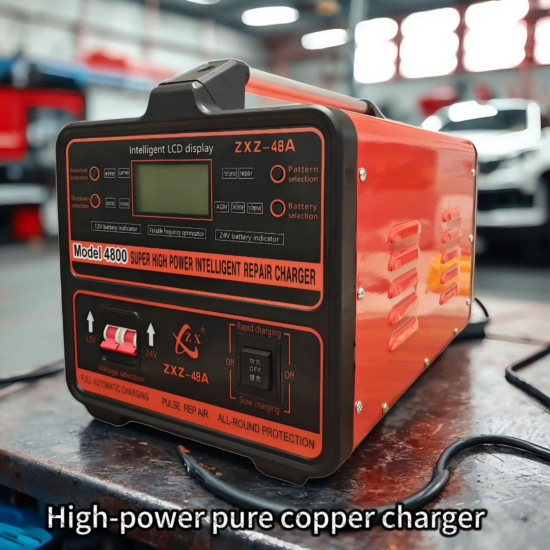 Custom High-Power 12V/24V Pure Copper Car Battery Charger with Auto Shut-off for Large Trucks, Universal
