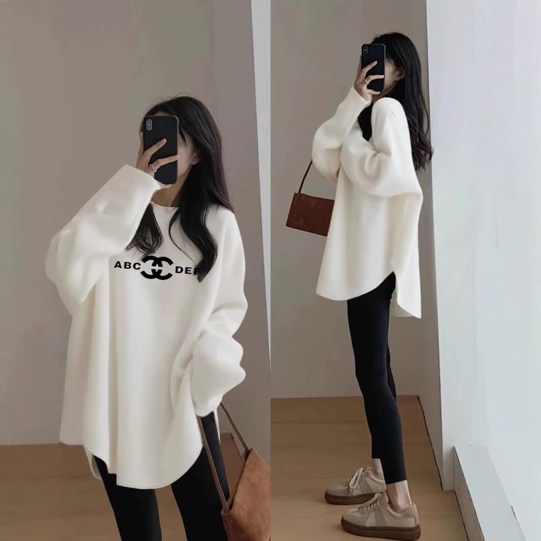 Thickened Double-sided Velvet Long Sleeve Base Shirt Women's Top Mid-Length T-shirt for Autumn Winter Shark Pants Cartoon Anime Print Casual Style