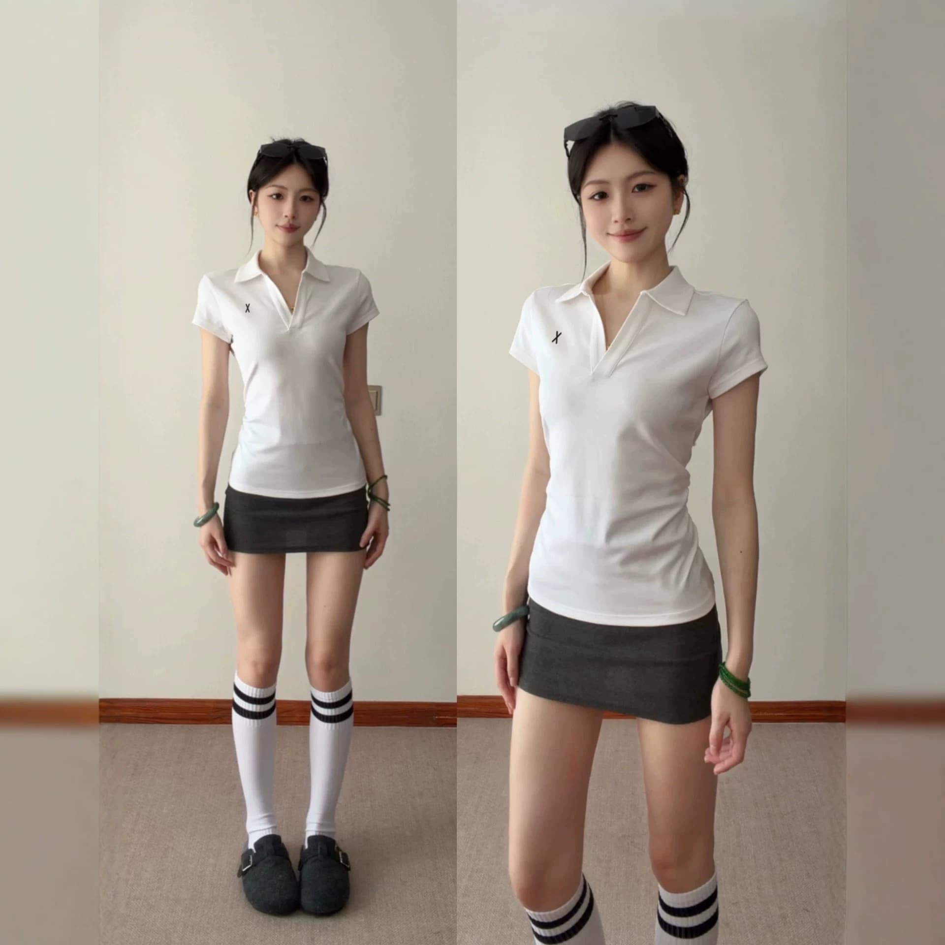 Korean-style elegant V-neck regular-shoulder polo shirt T-shirt for women, summer slim-fit cinched-waist turn-down collar sports tennis short-sleeve top