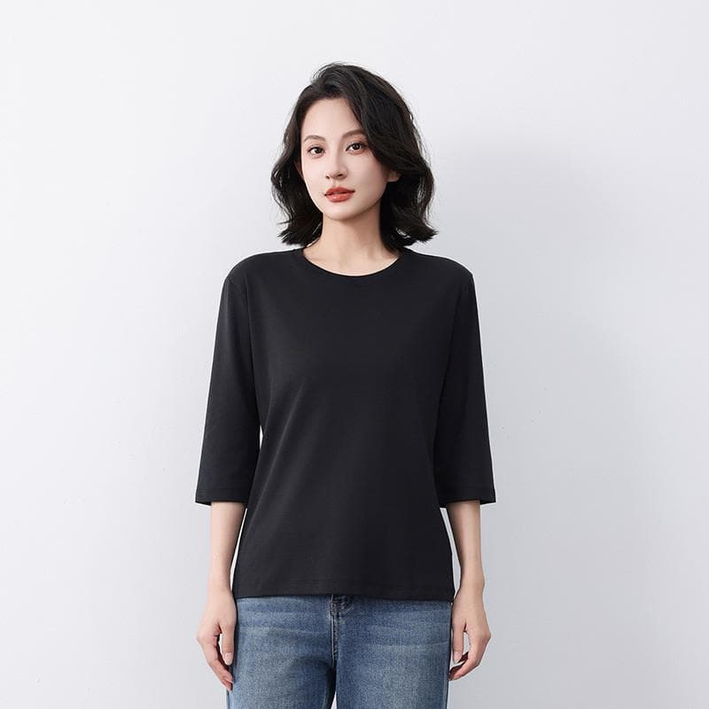 High Quality Women's Three-Quarter Sleeve Top, Spring/Autumn New Solid Color T-Shirt with Regular Shoulder, Inner Layering Base