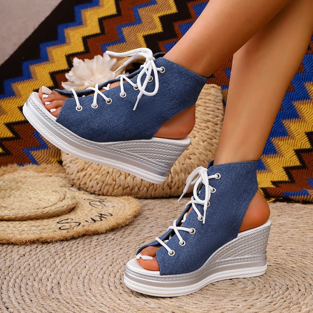 Foreign trade cross-border front lace-up fish mouth wedge sandals 2026 summer new style thick sole simple fashion European and American sandals women's shoes