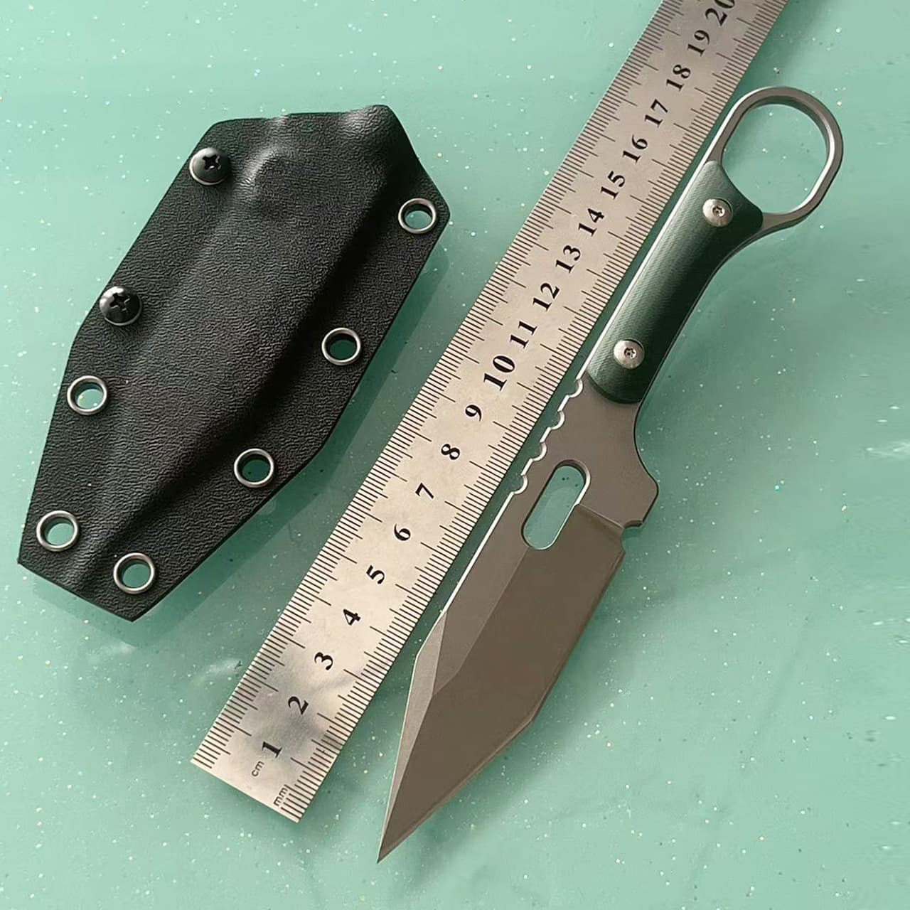 Outdoor Mini Straight Knife Camping Knife High Hardness Sharp Field Survival Ring Knife AUS-8 Steel Vacuum Titanium Coated K Sheath