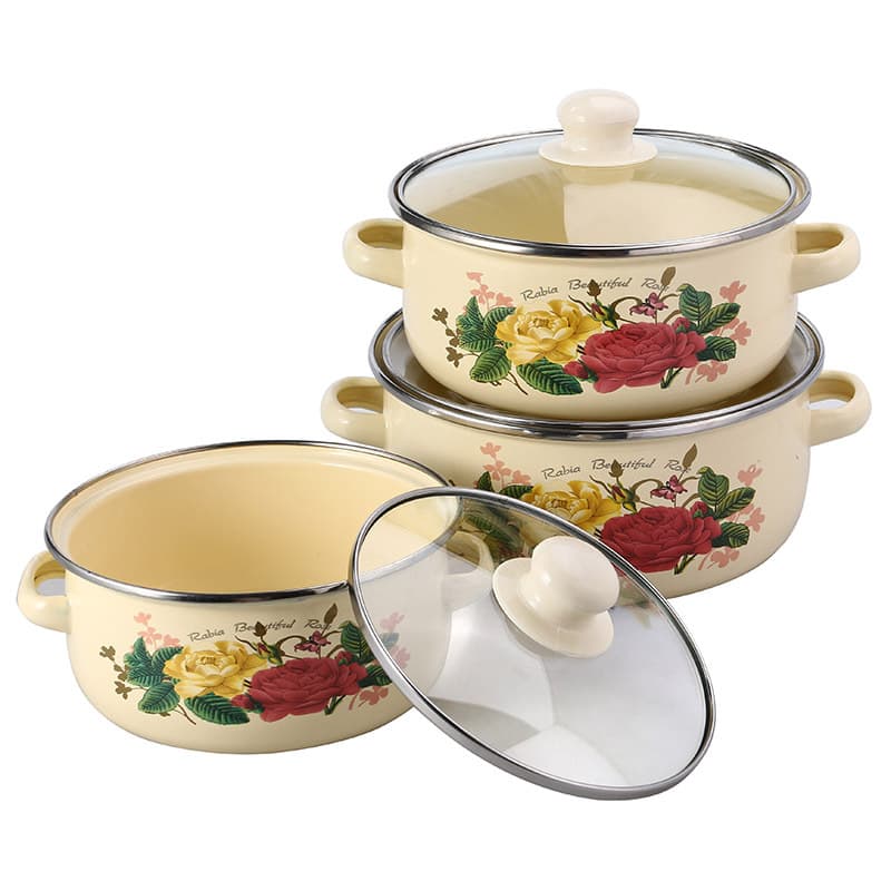 In Stock Enamel Pot with Lid and Dual Handles, Thickened Enamel Soup Pot 3-Piece Set 16-20cm Stew Pot Noodle Bowl