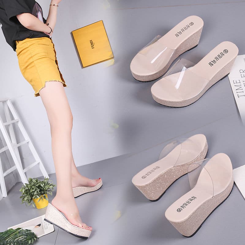 Summer new transparent slippers, women's high-heeled non-slip slippers, platform thick-soled wedge-heeled women's shoes, crystal shoes