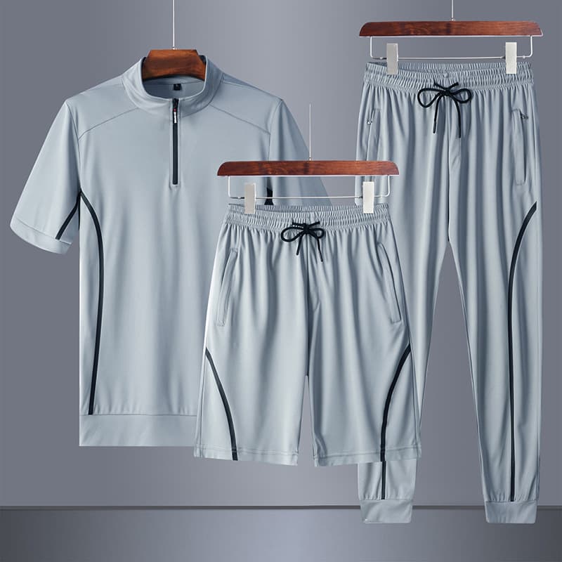 2026 Summer Ice Silk Plus-Size Men's Three-Piece Set: Polo Shirt, Shorts, and Long Pants, Casual Cross-Border Sports Short-Sleeve Outfit