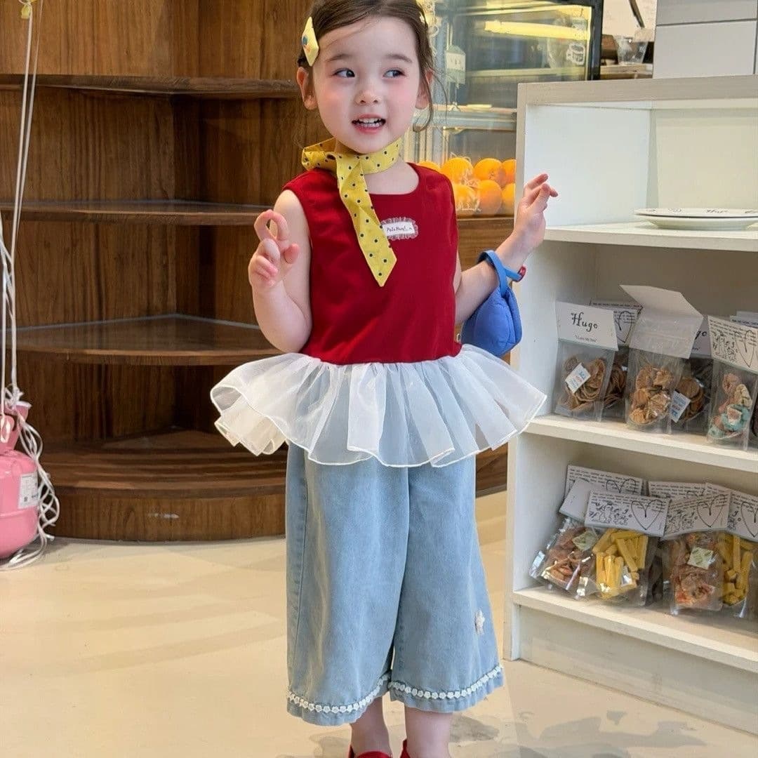 2026 new summer style children and girls sleeveless vest spliced mesh denim cropped pants Western style Korean style two-piece set