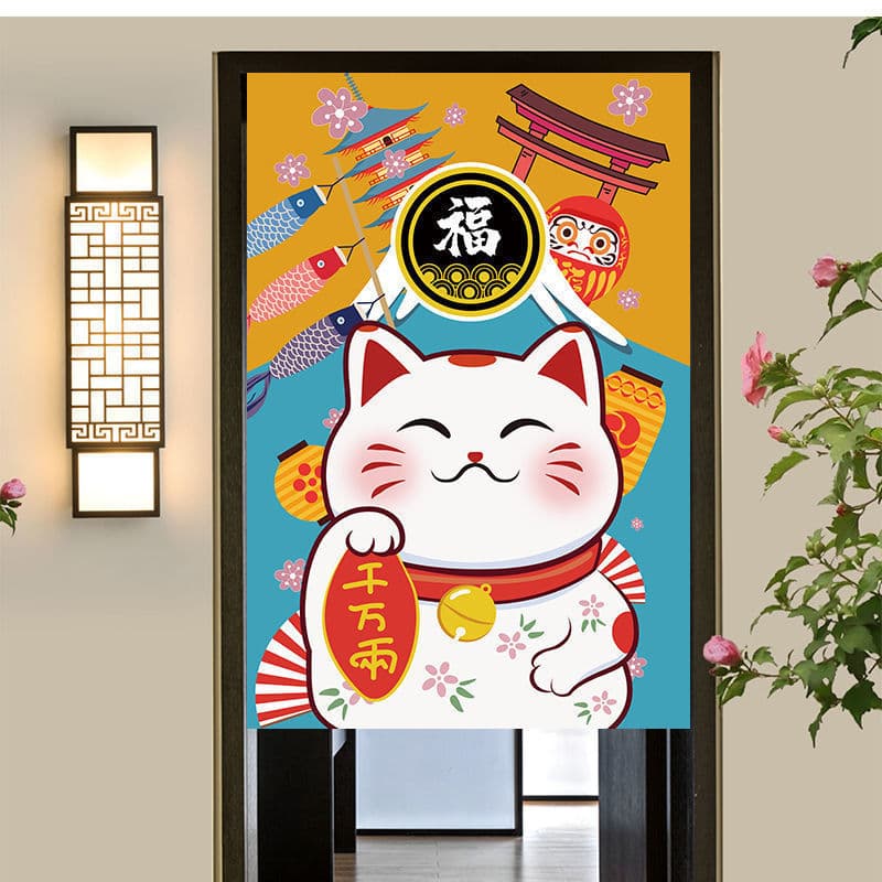 Linen Door Curtain Partition, Bedroom Windproof Fabric Curtain, Kitchen Cover Curtain, Japanese Half-Hanging Curtain, Lucky Cat