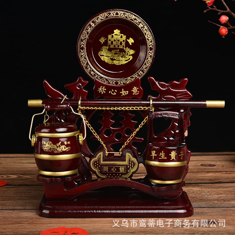 Solid Wood Descendants' Pail Set, Wedding Supplies for Bride's Dowry, Redwood Three-Piece Festive Collection
