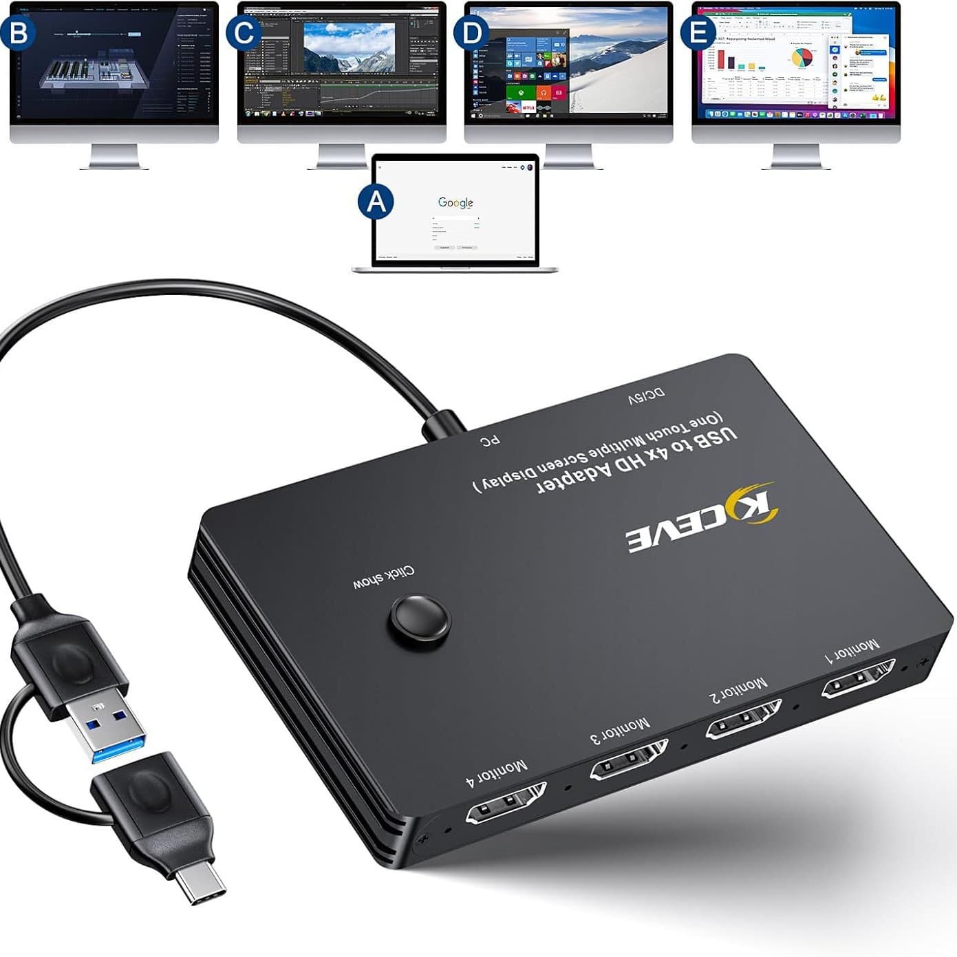 USB to HDMI adapter, USB to multiple HDMI interfaces, KVM switch, converter