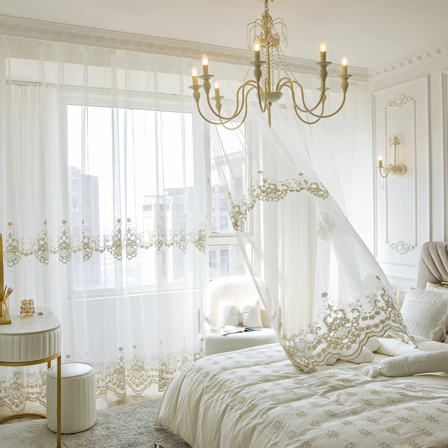 Wholesale from manufacturer: Light luxury embroidered white gauze, versatile window sheers for dining rooms, living rooms, bedrooms, balconies, and translucent partitions, cross-border.