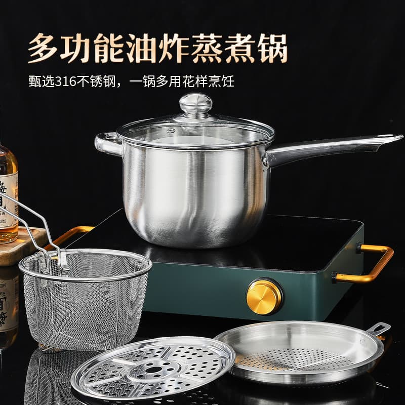 316 Stainless Steel Deep Fryer with Oil Filter, Multifunctional Kitchen Steamer/Steamer/Tempura Pan