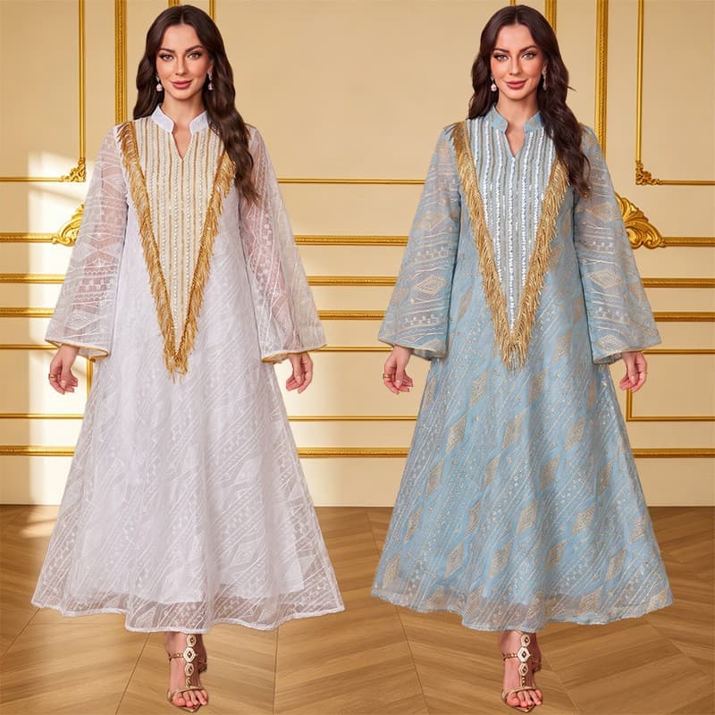 New Cross-Border Export Heavy-Duty Tassel Sequin Stand-Collar Flared-Sleeve Women's Dress