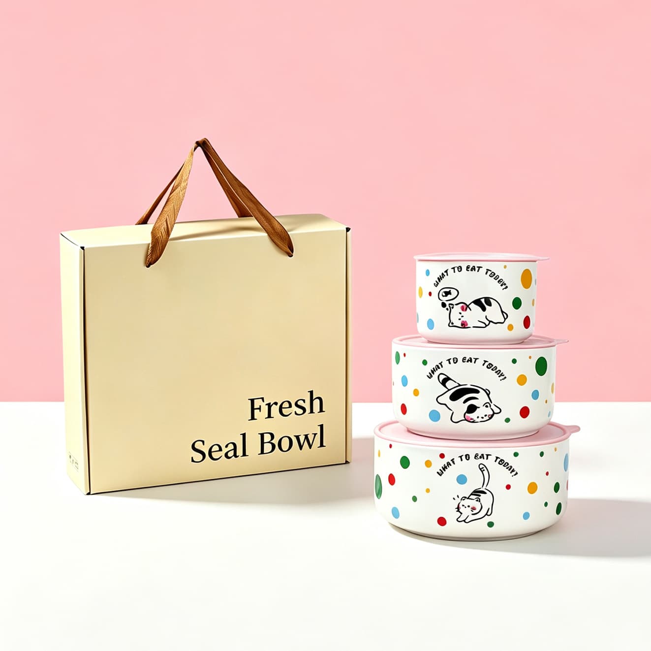 New Fresh-Keeping Bowl 3-Piece Set, Microwave-Safe Ceramic Bowls with Lids, Sealed Bowls, Gift Box Packaging, Custom LOGO Promotional Gift