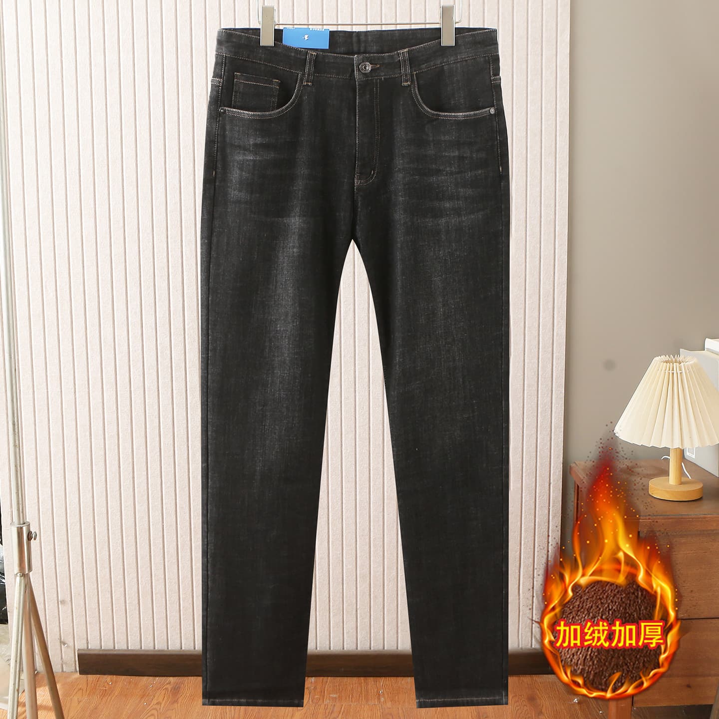 Bean clearance fleece-lined men's jeans, winter thickened warm versatile straight-leg micro-stretch casual long pants, model 8K108.