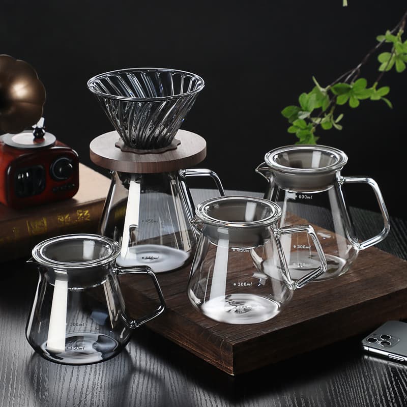 Coffee Pot Made of High Borosilicate Heat-Resistant Glass, Moka Pot with Wooden Base and Filter Funnel, Customizable Printing
