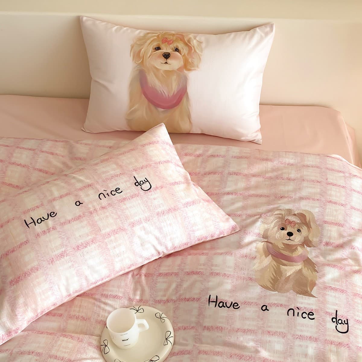 Cute Dog 100 Long-Staple Cotton Sateen Four-Piece Set, Pure Cotton High-Density Cartoon Embroidered Duvet Cover and Bed Sheet Bedding