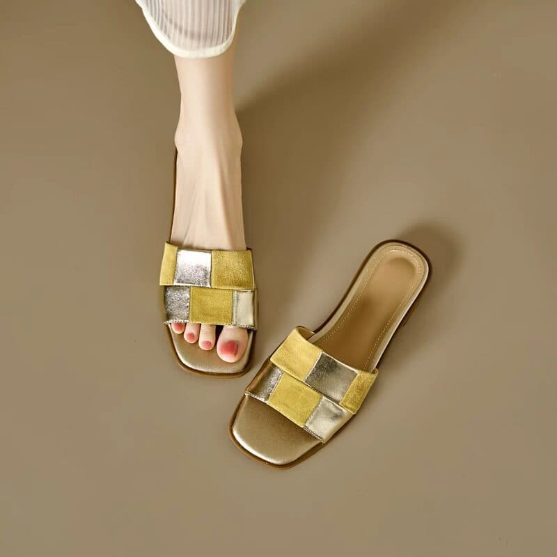 Outer wear fashionable splicing open toe flat sandals for women summer comfortable and versatile square toe slip-on slippers for women