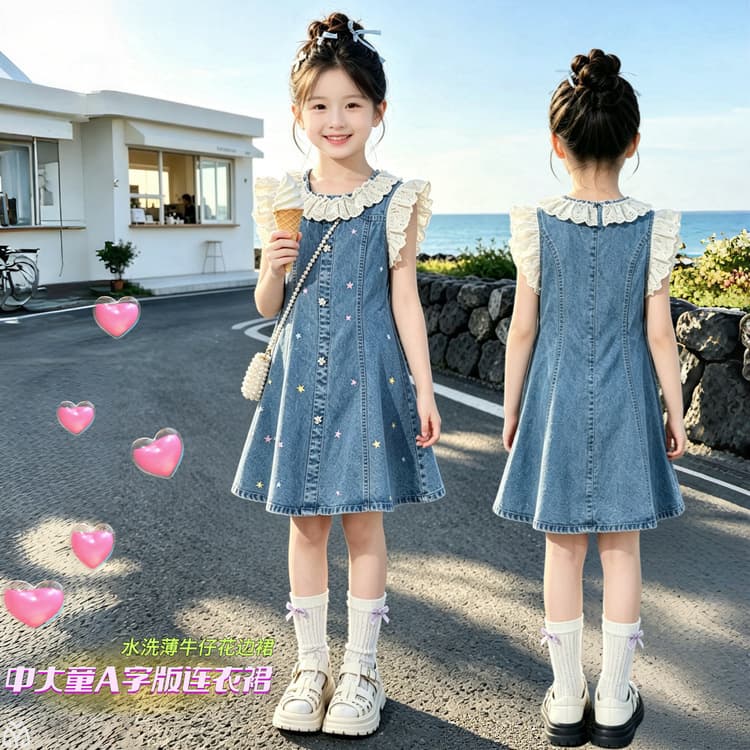 Middle and large children 2026 new style dress summer thin lace flying sleeves princess dress girls sweet denim skirt