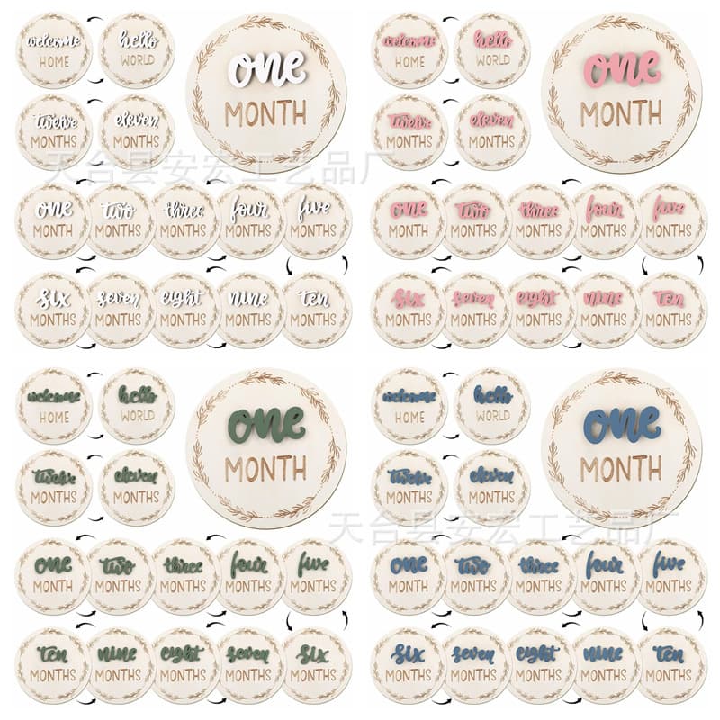 Cross-Border Baby Double-Sided 3D Milestone Wooden Sign DIY Baby Growth Month Photography Props Newborn Announcement