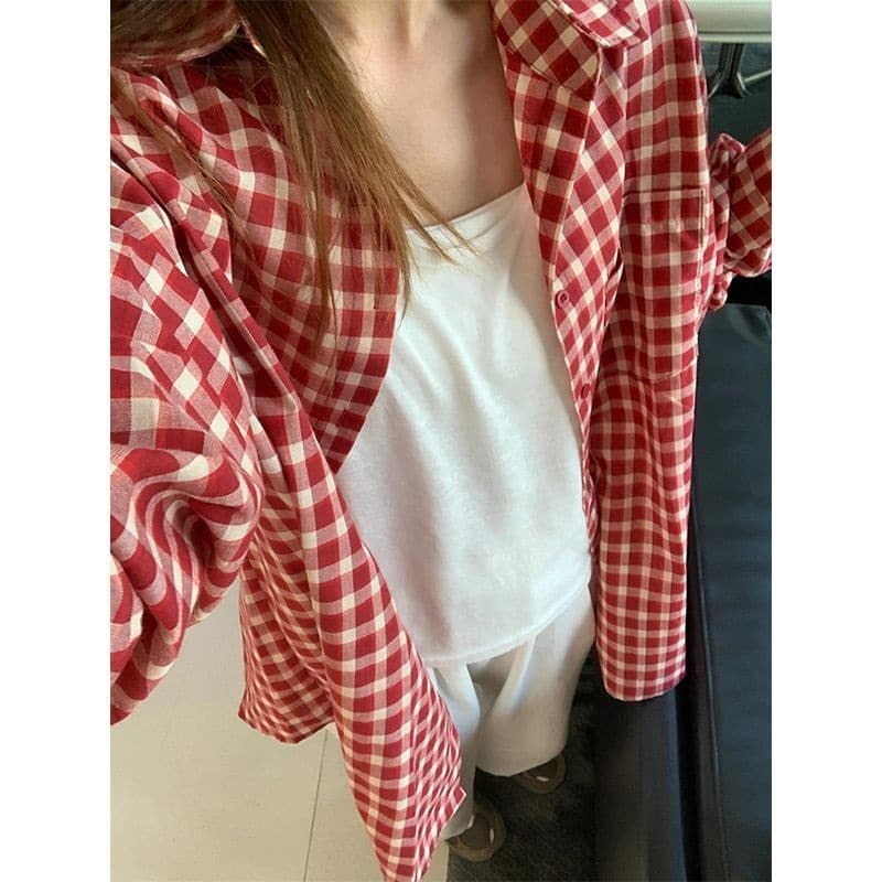 Japanese Style Retro Red Plaid Shirt Jacket Women's Summer Vintage Relaxed Casual Sun Protection Shirt Jacket