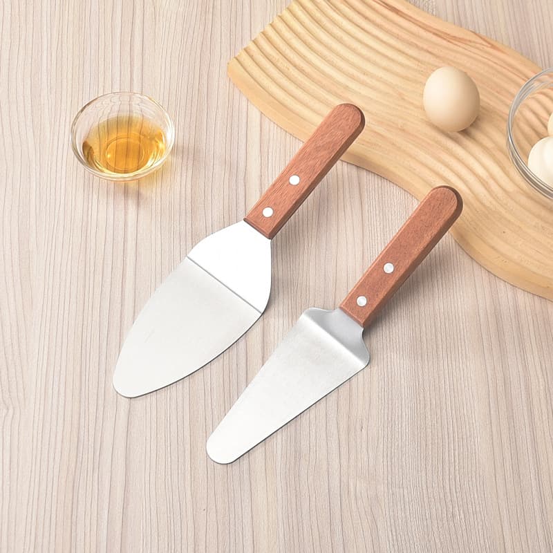 Stainless steel cooking spatula, pizza spatula, wooden handle steak spatula, kitchen cooking teppanyaki tool, round-headed fish grilling spatula